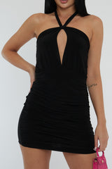 Black Tie Knot Halter Neck Ruched Slinky Mini Dress - Liv