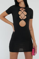Black Lace Up Front Detail Mini Dress - Charvi