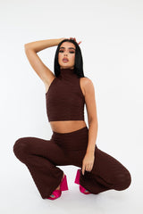 Chocolate High Neck Crop Top & Flare Pants Set - Dailyn