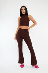 Chocolate High Neck Crop Top & Flare Pants Set - Dailyn