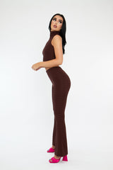 Chocolate High Neck Crop Top & Flare Pants Set - Dailyn