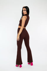 Chocolate High Neck Crop Top & Flare Pants Set - Dailyn