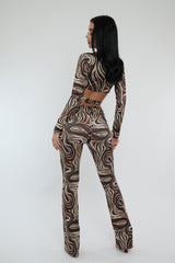 Brown Marble Print Crop Top & Tie Waist Trouser Set - Stevii