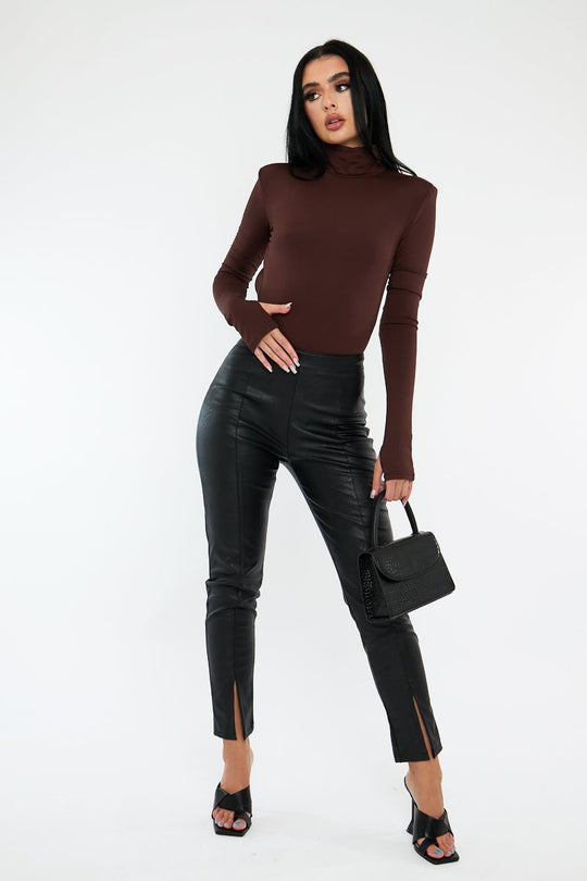 Black PU Leather Front Slit Trousers - Caro