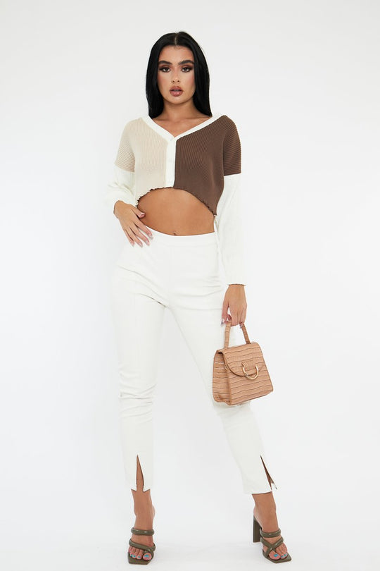 White PU Leather Front Slit Trousers - Caro