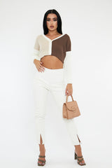 White PU Leather Front Slit Trousers - Caro