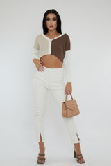 Brown Stripe Button Front Knit Crop Top - Reimi