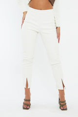 White PU Leather Front Slit Trousers - Caro