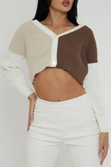 Brown Stripe Button Front Knit Crop Top - Reimi