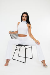 White High Neck Crop Top & Flare Pants Set - Dailyn