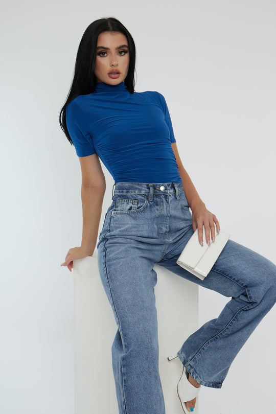 Blue Slinky High Neck Ruched Side Bodysuit - Avea