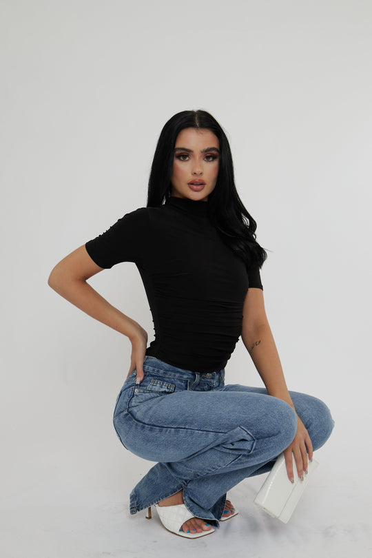 Black Slinky High Neck Ruched Side Bodysuit - Avea