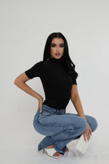 Black Slinky High Neck Ruched Side Bodysuit - Avea