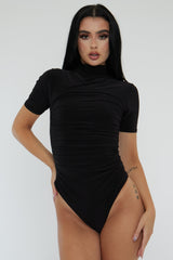 Black Slinky High Neck Ruched Side Bodysuit - Avea
