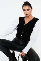 Black Contrast Sleeves Knitted Top - Mckaela