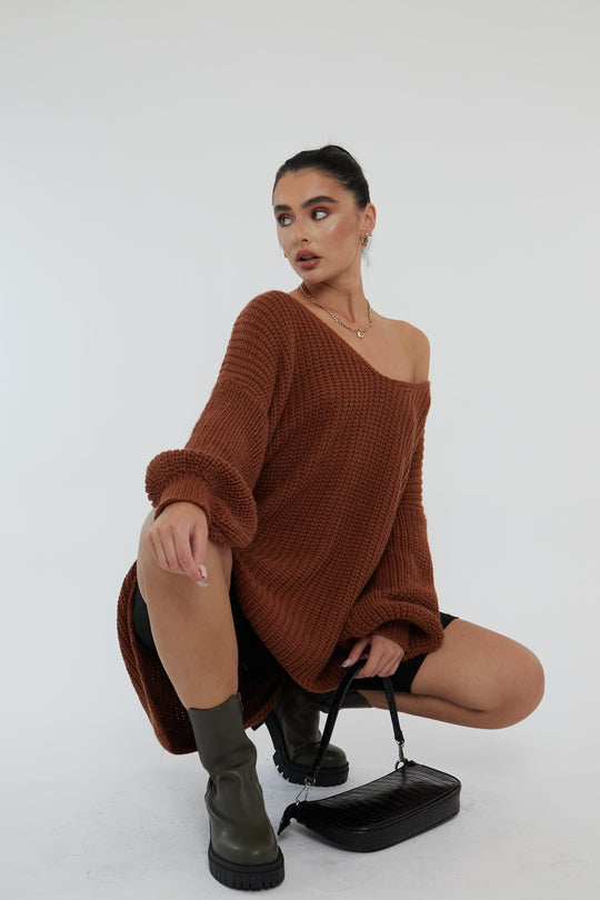 Brown Knit Oversized Jumper - Darci