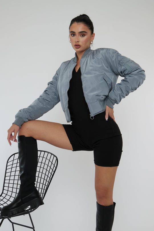 Grey Zip Front Bomber Jacket - Jiya