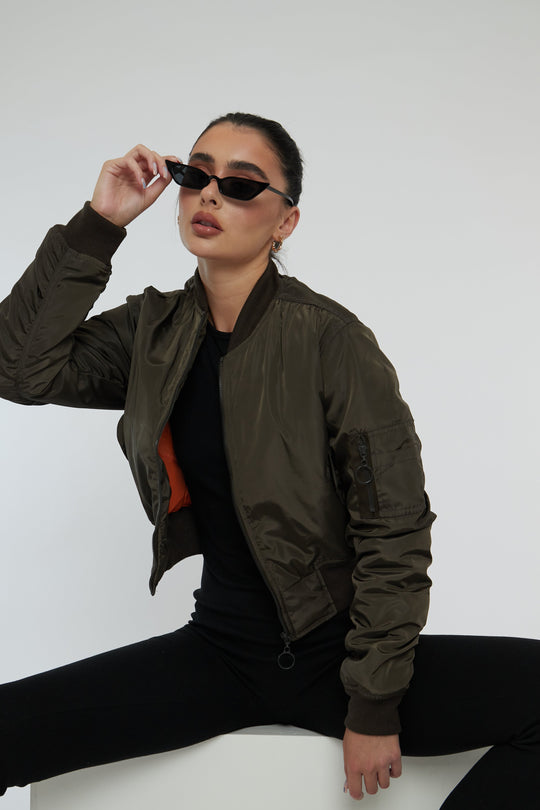 Khaki Zip Front Bomber Jacket - Jiya