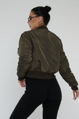 Khaki Zip Front Bomber Jacket - Jiya