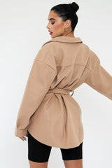Beige Belted Pocket Front Shacket - Meera