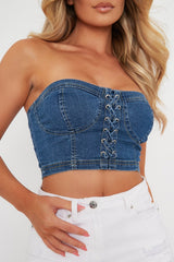 Mid Blue Lace Up Bandeau Denim Top - Zari-Tops