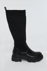 Black PU Faux Leather Flyknit Knee High Boots - Mina