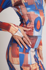 Multi Abstract Print High Neck Mini Dress - Kristi-Dresses