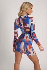 Multi Abstract Print High Neck Mini Dress - Kristi-Dresses