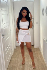 White Buckle Crop Top and Asymmetric Skirt Set - Natalie