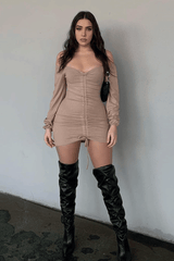 Stone Ribbed Ruched Centre Mini Dress - Nahlia