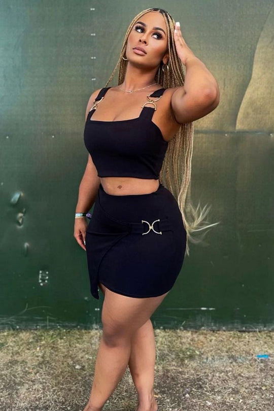 Black Buckle Crop Top and Asymmetric Skirt Set - Natalie