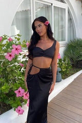 Black Satin Asymmetric Crop Top & Maxi Skirt - Odell
