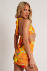 Orange Marble Cut Out Ring Detail Halter Neck Mini Dress - Joanie