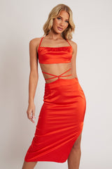 Orange Tie Wrap Around Satin Crop Top & Skirt Co-Ord - Aalaysia-Co-Ords