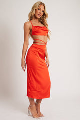 Orange Tie Wrap Around Satin Crop Top & Skirt Co-Ord - Aalaysia-Co-Ords