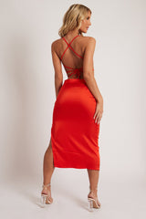 Orange Tie Wrap Around Satin Crop Top & Skirt Co-Ord - Aalaysia-Co-Ords