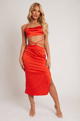 Orange Tie Wrap Around Satin Crop Top & Skirt Co-Ord - Aalaysia-Co-Ords