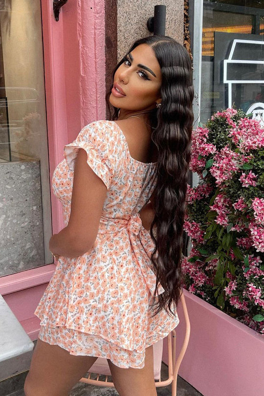 Orange Floral Print Frill Playsuit - Palmira