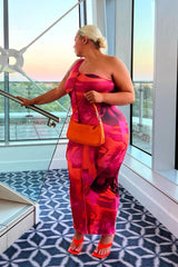 Multi Abstract Print One Shoulder Midi Dress - Pearl