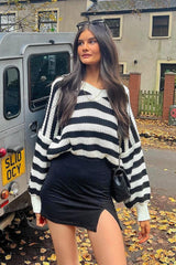 White Striped Chunky Knit Oversized Cardigan - Pedra