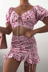 Pink Floral Print Crop Top + Frill Skirt Set - Abryana