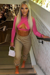 Pink Slinky Cross Front Long Sleeve Crop Top - Tahlia