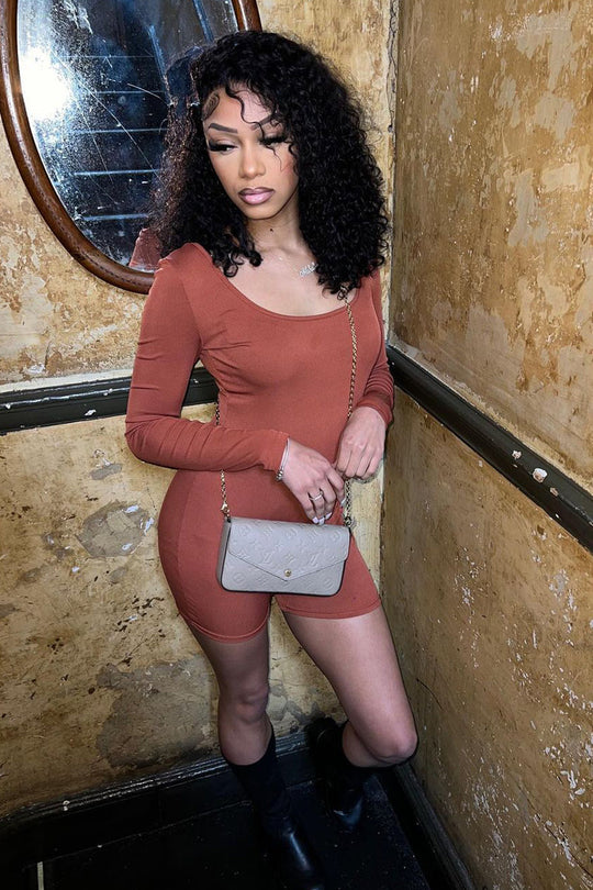 Rust Rib Knit Scoop Neck Unitard - Roohi