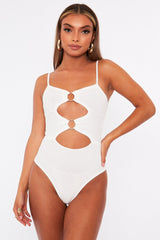 White Front Ring Cut Out Ribbed Bodysuit - Ruba