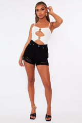 White Front Ring Cut Out Ribbed Bodysuit - Ruba