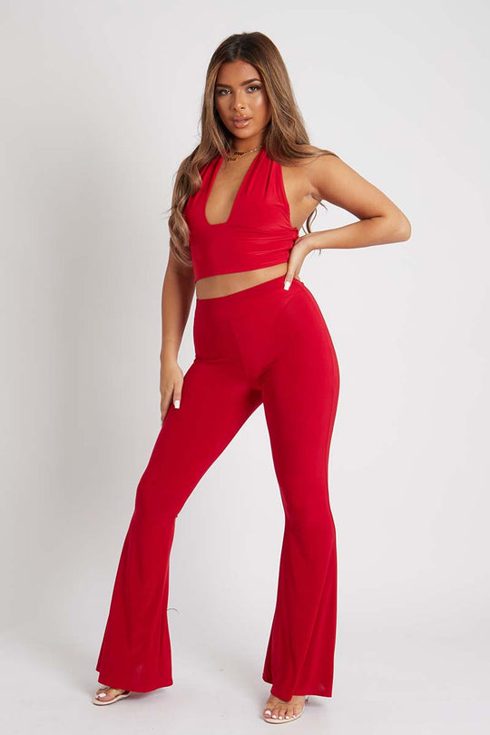 Red Flared Slinky Trousers - Teena