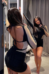 Black Mesh Panel Ruched Mini Dress - Shinju