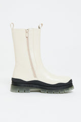 Ecru Chunky Clear Sole Leather Boots - Maree