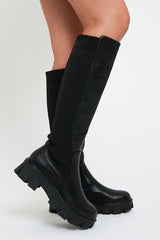 Black Leather Contrast Knee High Chunky Sole Boots - Phileine