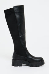 Black Leather Contrast Knee High Chunky Sole Boots - Phileine